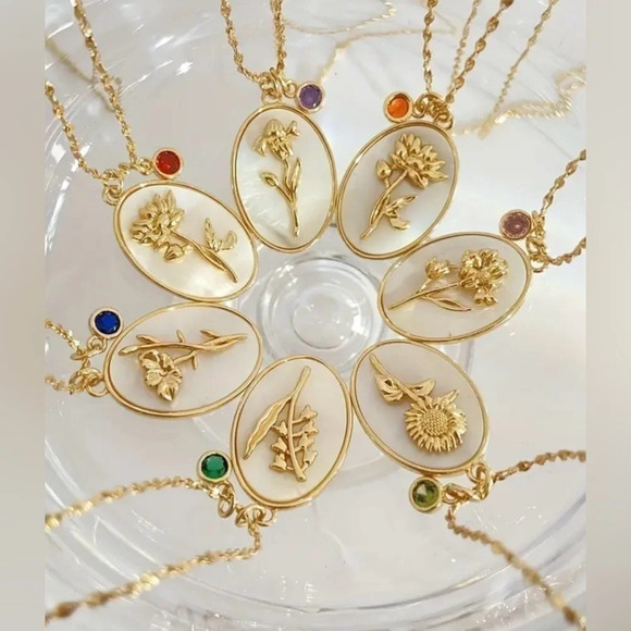 Birth Flower Necklace in  Oval White Shell Pendant - Picture 2 of 9